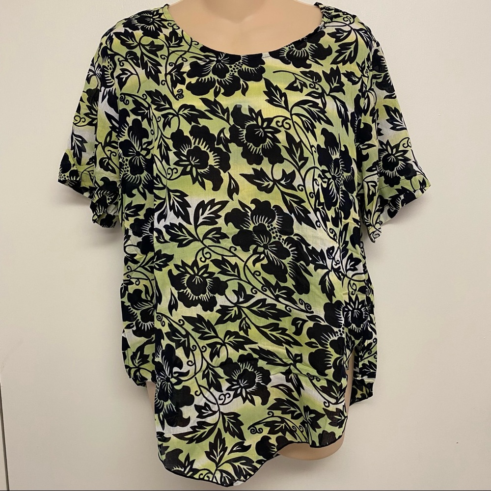 Blue Ginger‎ Hawaii hibiscus green blouse top small.